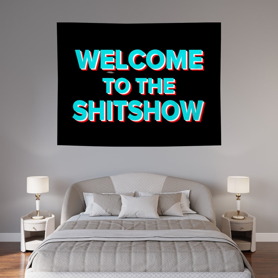 VibeCore Black & Light Blue Welcome To The Shitshow Tapestry In Bedroom