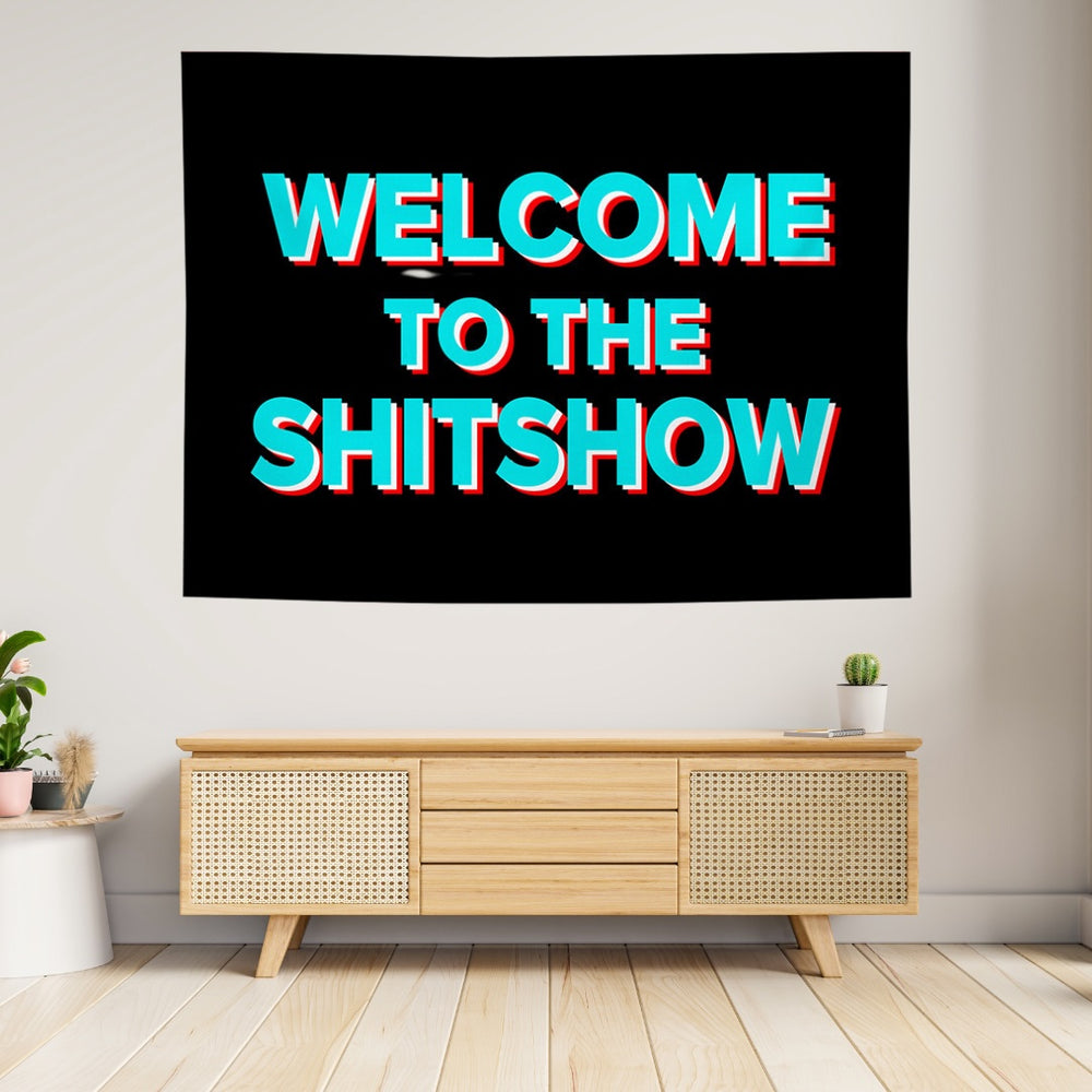 VibeCore Black & Light Blue Welcome To The Shitshow Tapestry On Wall