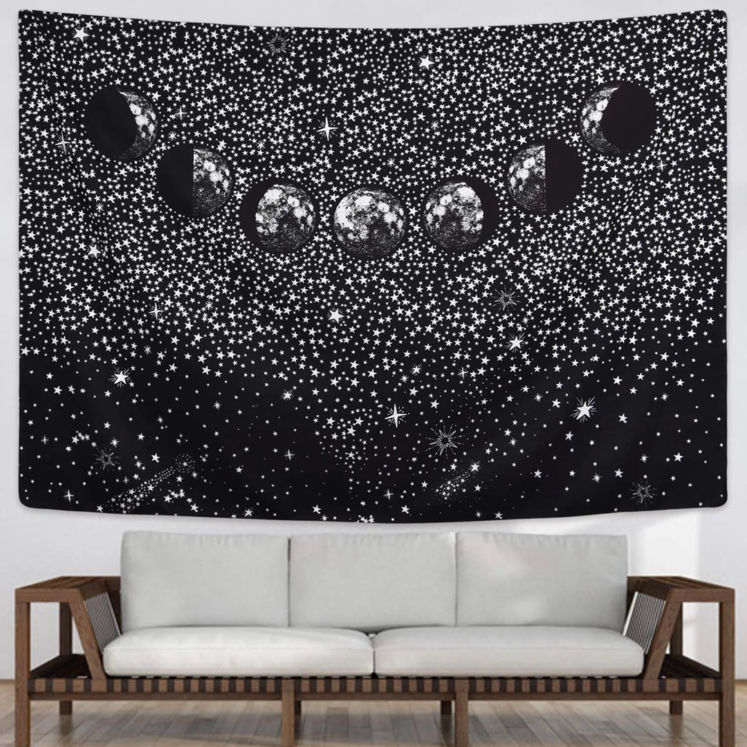 VibeCore Black Moon Phases Tapestry Behind Couch