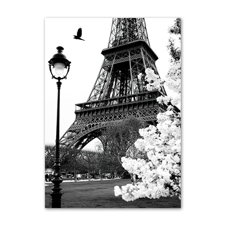 VibeCore Black & White Paris Canvas Prints Option A: Paris with blooming flowers and flying bird