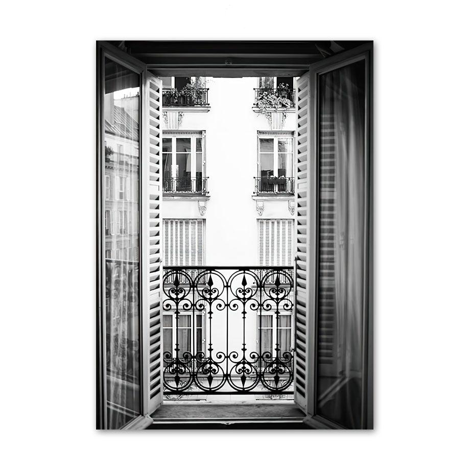 VibeCore Black & White Paris Canvas Prints Option C: Paris balcony view