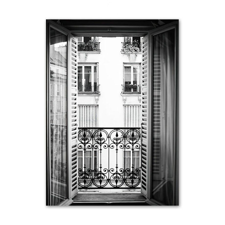 VibeCore Black & White Paris Canvas Prints Option C: Paris balcony view