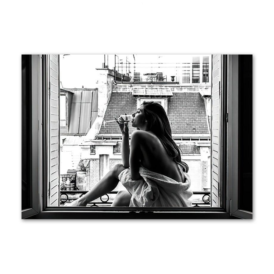 VibeCore Black & White Paris Canvas Prints Option D: Woman drinking wine on Parisian apartment balcony
