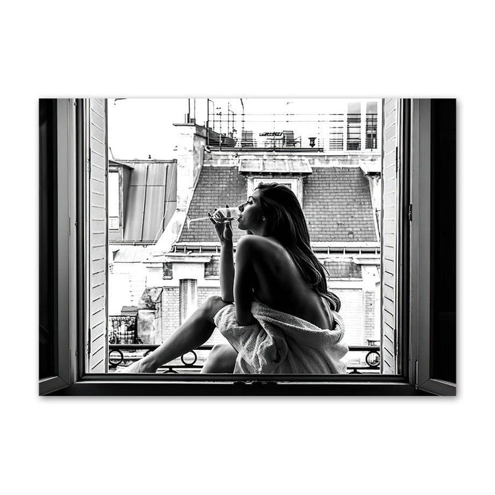 VibeCore Black & White Paris Canvas Prints Option D: Woman drinking wine on Parisian apartment balcony