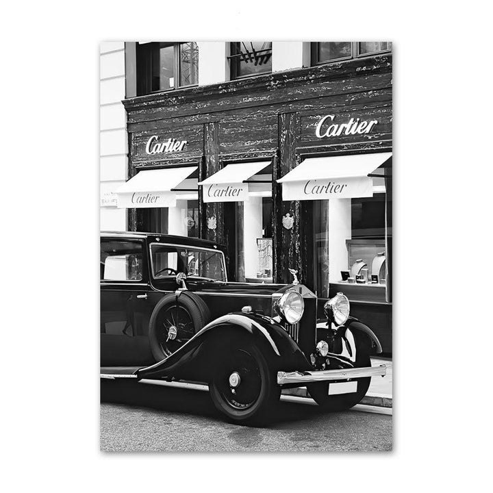 VibeCore Black & White Paris Canvas Prints Option E: Black retro car in front of Cartier
