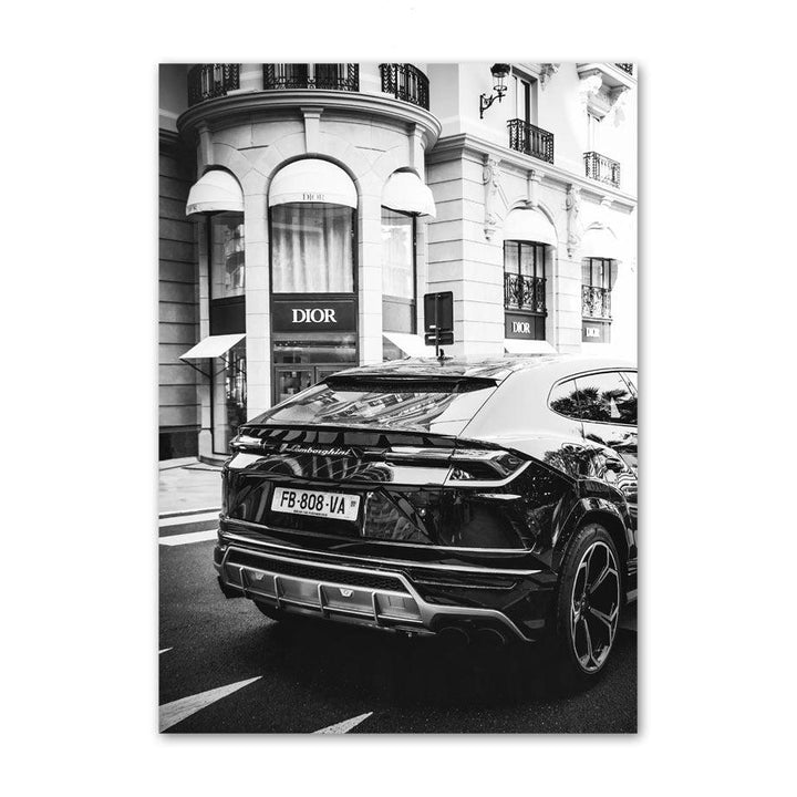 VibeCore Black & White Paris Canvas Prints Option F: Lamborghini in front of Dior store
