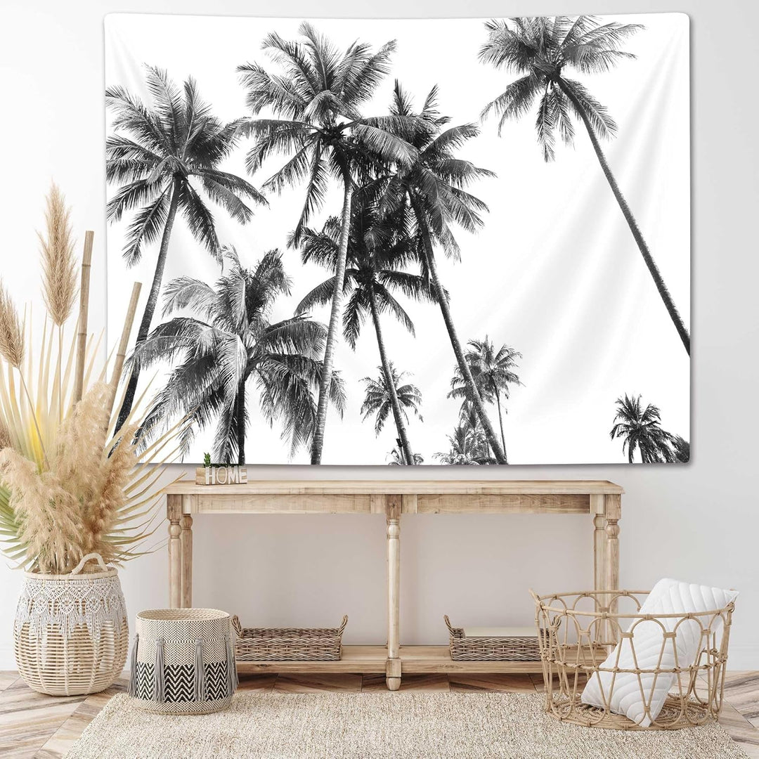 VibeCore Black and White Palm Trees Tapestry On Wall Behind Console Table