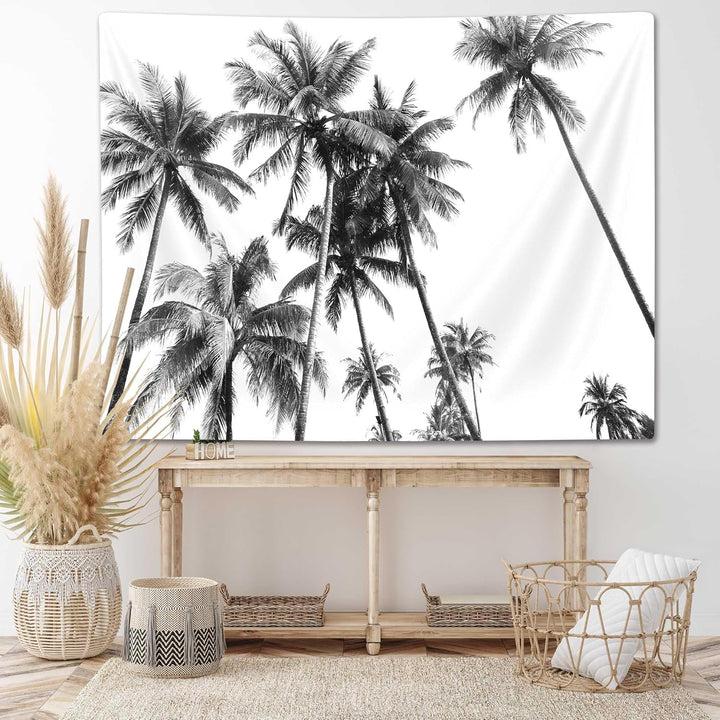 VibeCore Black and White Palm Trees Tapestry On Wall Behind Console Table