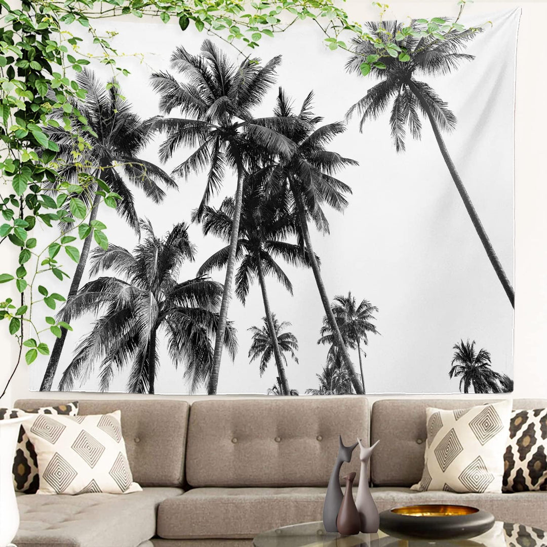 VibeCore Black and White Palm Trees Tapestry On Wall Behind Couch