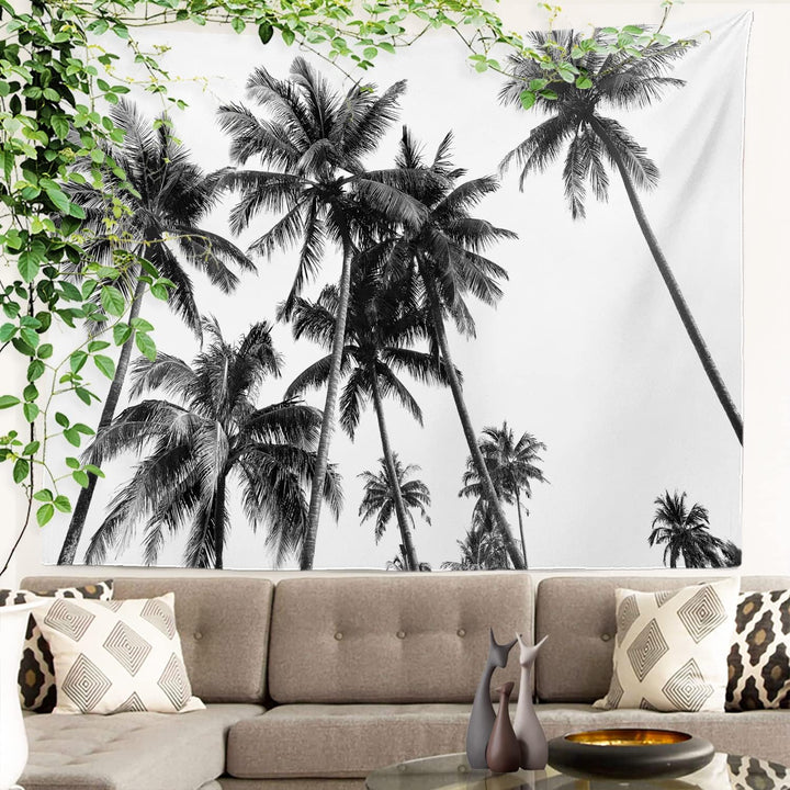 VibeCore Black and White Palm Trees Tapestry On Wall Behind Couch