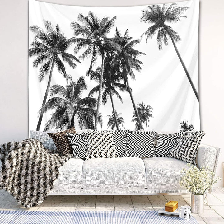 VibeCore Black and White Palm Trees Tapestry On Wall Behind Couch In Living Room
