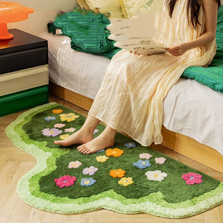 VibeCore Blooming Garden Accent Rug with a girl relaxing and placing her feet on it, showcasing the vibrant floral design and soft texture, perfect for cozy room decor.