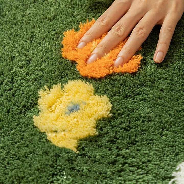 Close-up of VibeCore Blooming Garden Accent Rug material, highlighting its soft, plush texture and detailed floral design, offering a vibrant and cozy addition to any space.