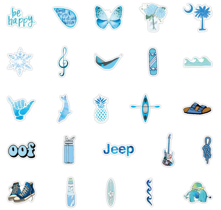 VibeCore Blue Vibes Stickers set featuring 25 unique designs in vibrant blue aesthetic and beachy styles. Perfect for personalizing laptops, phones, water bottles, and more.