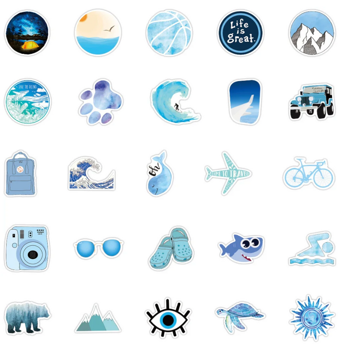 VibeCore Blue Vibes Stickers set with another 25 unique designs. Featuring vibrant blue and beachy aesthetics, ideal for customizing laptops, phones, and water bottles.