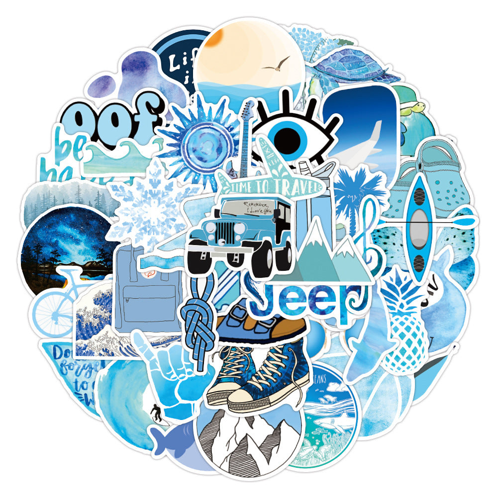VibeCore Blue Vibes Stickers Circular Cluster featuring vibrant blue aesthetic and beachy designs. Ideal for personalizing laptops, phones, water bottles, and accessories.