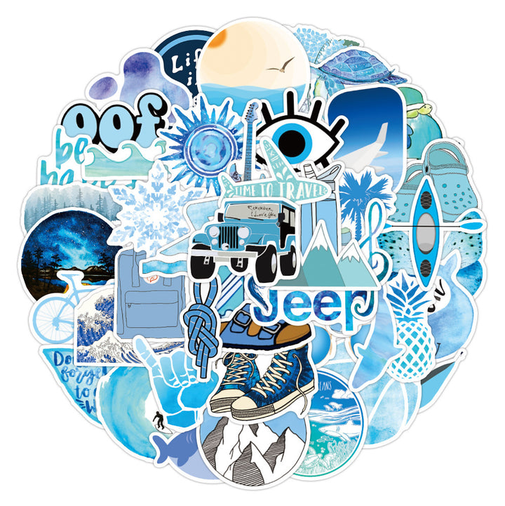 VibeCore Blue Vibes Stickers Circular Cluster featuring vibrant blue aesthetic and beachy designs. Ideal for personalizing laptops, phones, water bottles, and accessories.