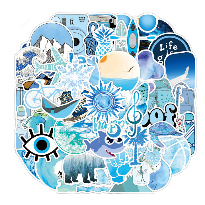 VibeCore Blue Vibes Stickers Cluster featuring a mix of vibrant blue aesthetic and beachy designs. Perfect for customizing laptops, phones, water bottles, and accessories.