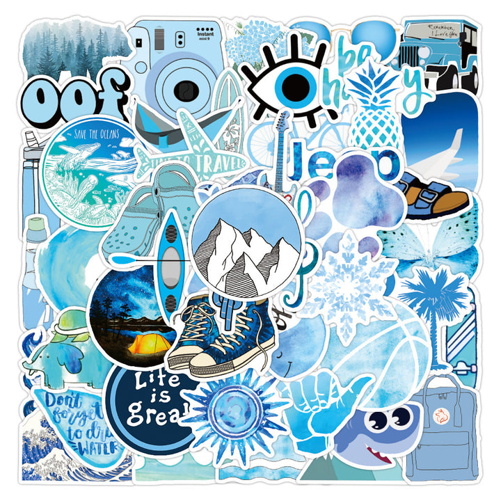 VibeCore Blue Vibes Stickers Square Cluster showcasing vibrant blue aesthetic and beachy designs. Perfect for personalizing laptops, phones, water bottles, and more.