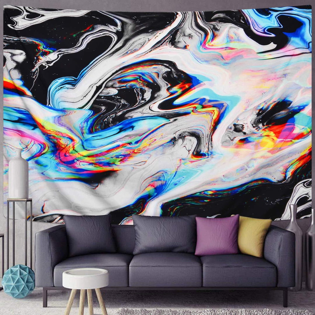 VibeCore Blurred Black Marble Tapestry On Wall Behind Couch