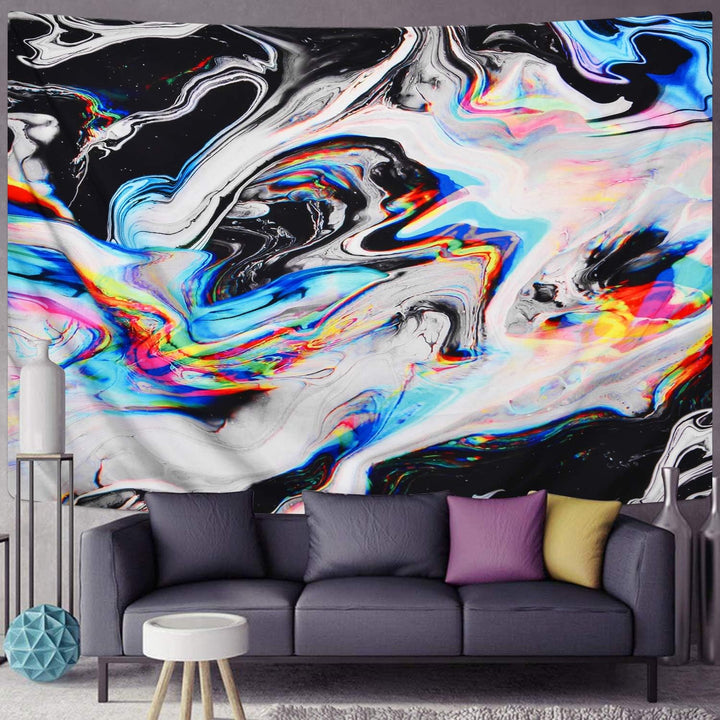 VibeCore Blurred Black Marble Tapestry On Wall Behind Couch