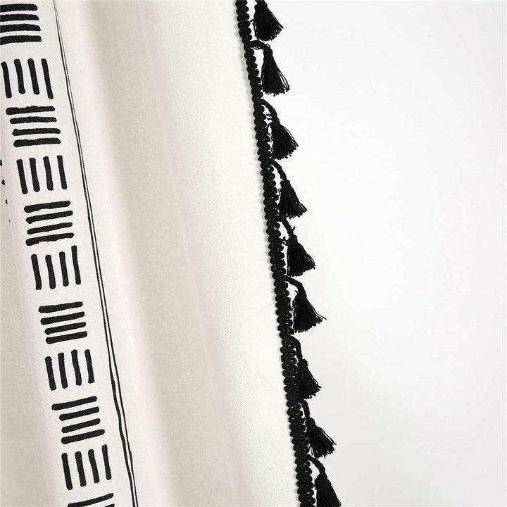 VibeCore Bohemian Black Pattern Linen Curtain Close Up, 100% linen cotton, intricate boho design, soft fabric with tassel details, durable and machine washable, perfect for enhancing your space with boho chic vibes.
