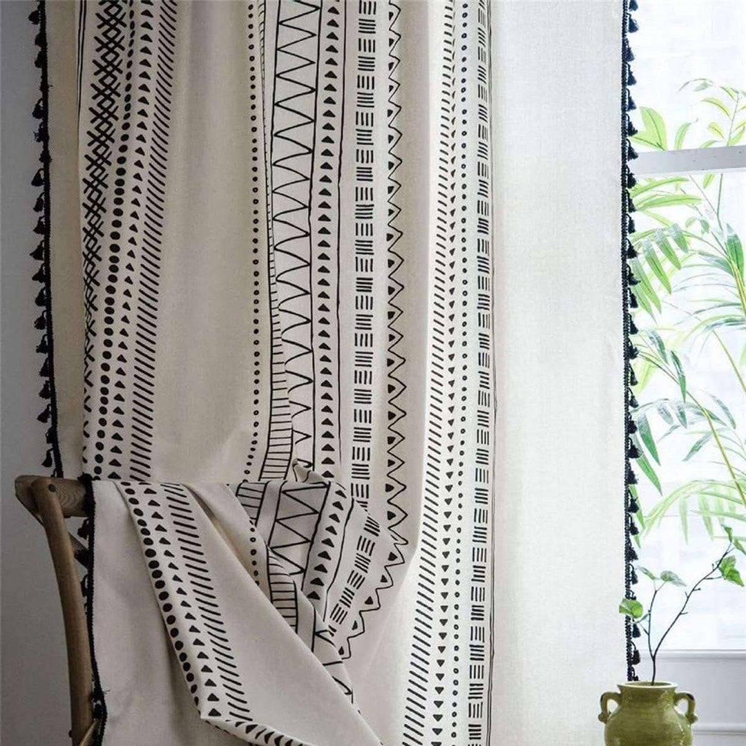 VibeCore Bohemian Black Pattern Linen Curtain Pattern Close Up, intricate boho design, 100% linen cotton fabric, soft texture, perfect for adding a touch of boho elegance and charm to your space.