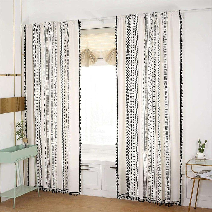 VibeCore Bohemian Black Pattern Linen Curtain Pattern on Window, intricate boho design, 100% linen cotton fabric, soft texture, light filtering with privacy, perfect for adding boho elegance and charm to your space.