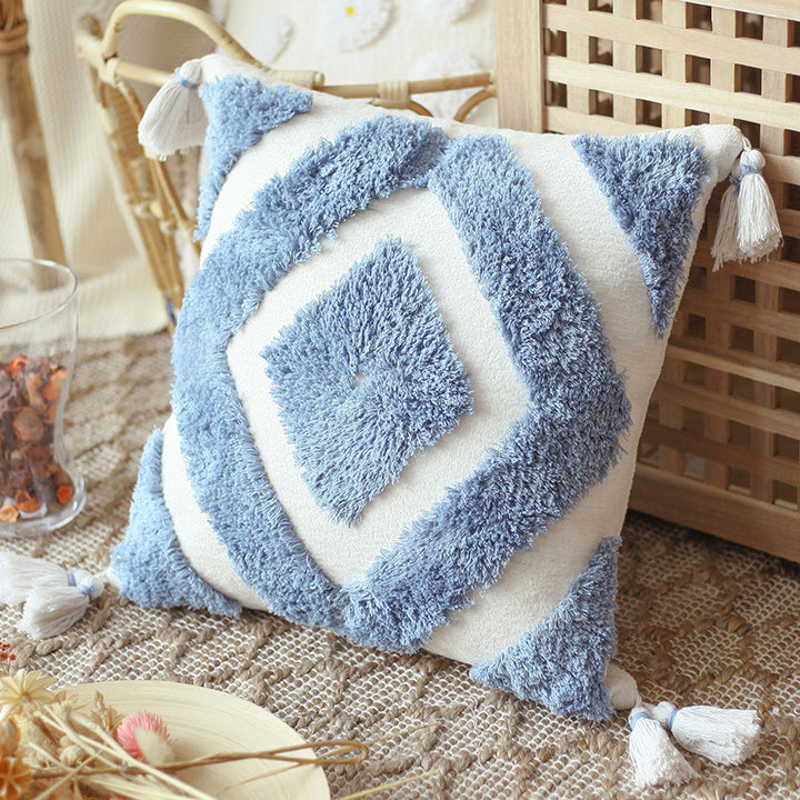 VibeCore Bohemian Fringe Throw Pillow Cover Blue - Soft Chenille Fabric, Tufted Pattern with Fringe Detail, Boho Chic Decor for Sofa, Bed, Chair, Cozy & Textured Aesthetic, Easy to Care For