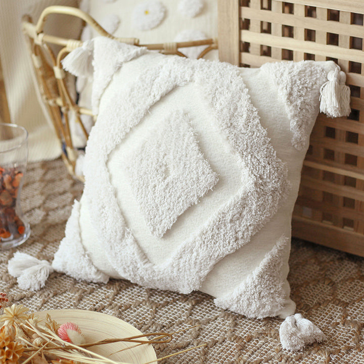 VibeCore Bohemian Fringe Throw Pillow Cover White - Soft Chenille Fabric, Tufted Pattern with Fringe Detail, Boho Chic Decor for Sofa, Bed, Chair, Cozy & Textured Aesthetic, Easy to Care For