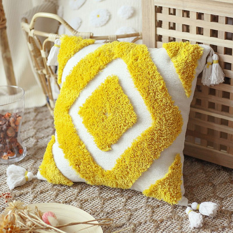 VibeCore Bohemian Fringe Throw Pillow Cover Yellow - Soft Chenille Fabric, Tufted Pattern with Fringe Detail, Boho Chic Decor for Sofa, Bed, Chair, Cozy & Textured Aesthetic, Easy to Care For