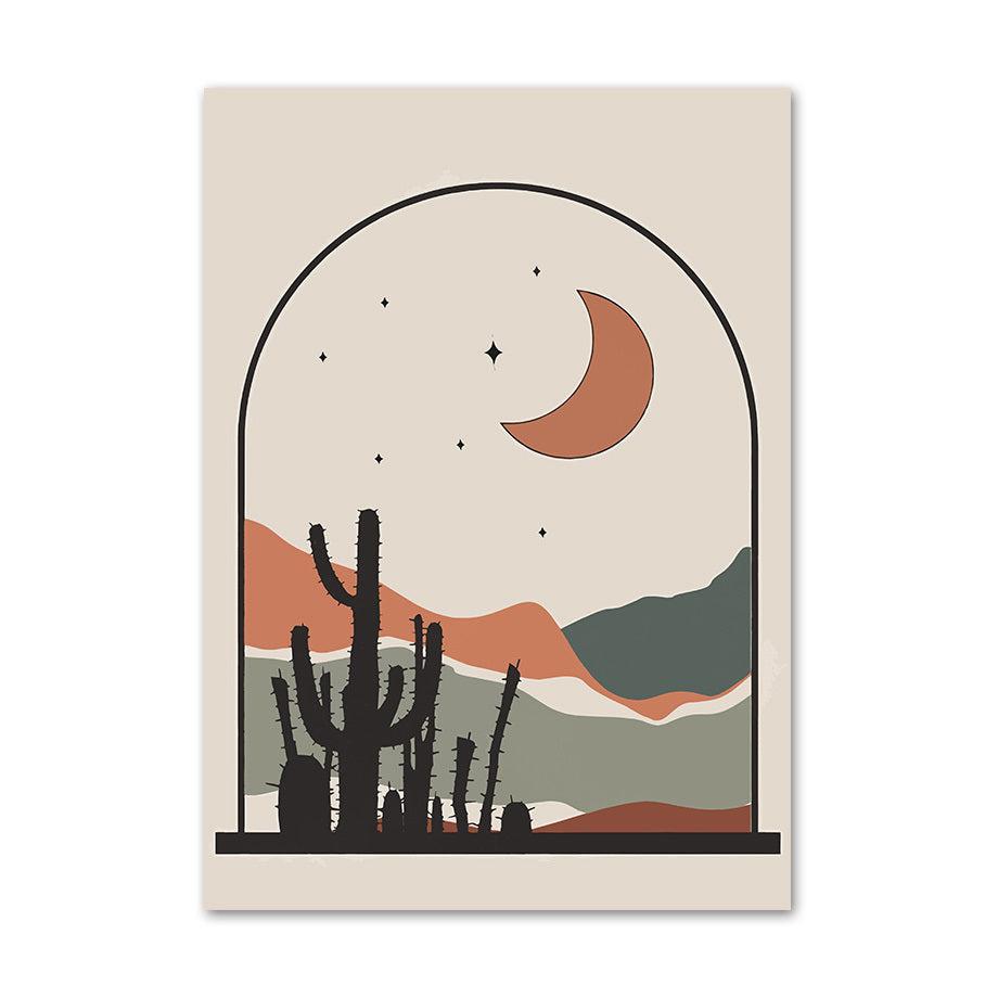 VibeCore Boho Landscape Canvas Prints Option H: abstract crescent moon in sky with stars and desert with mountains and cactuses