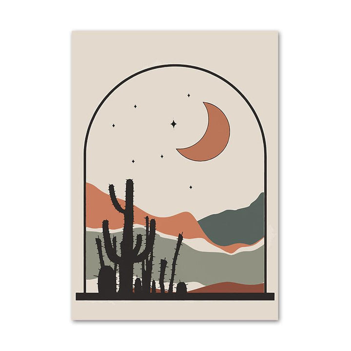 VibeCore Boho Landscape Canvas Prints Option H: abstract crescent moon in sky with stars and desert with mountains and cactuses