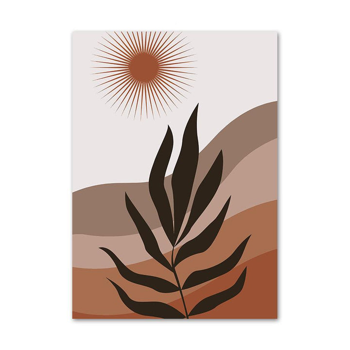 VibeCore Boho Landscape Canvas Prints Option I: abstract plant and dunes with sun in the sky