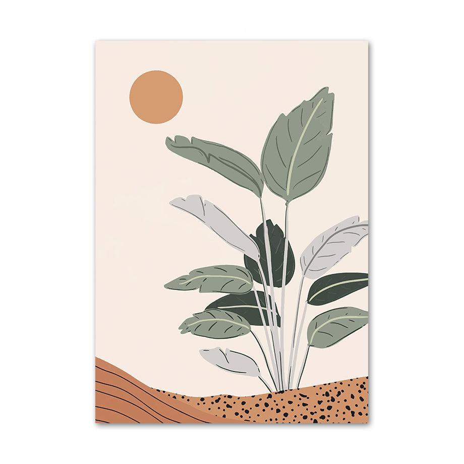 VibeCore Boho Landscape Canvas Prints Option K: plant in desert sand with sun in the sky