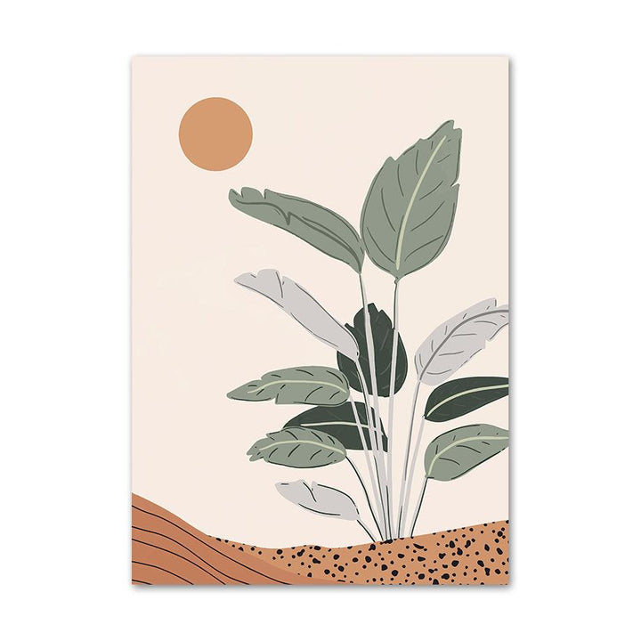 VibeCore Boho Landscape Canvas Prints Option K: plant in desert sand with sun in the sky