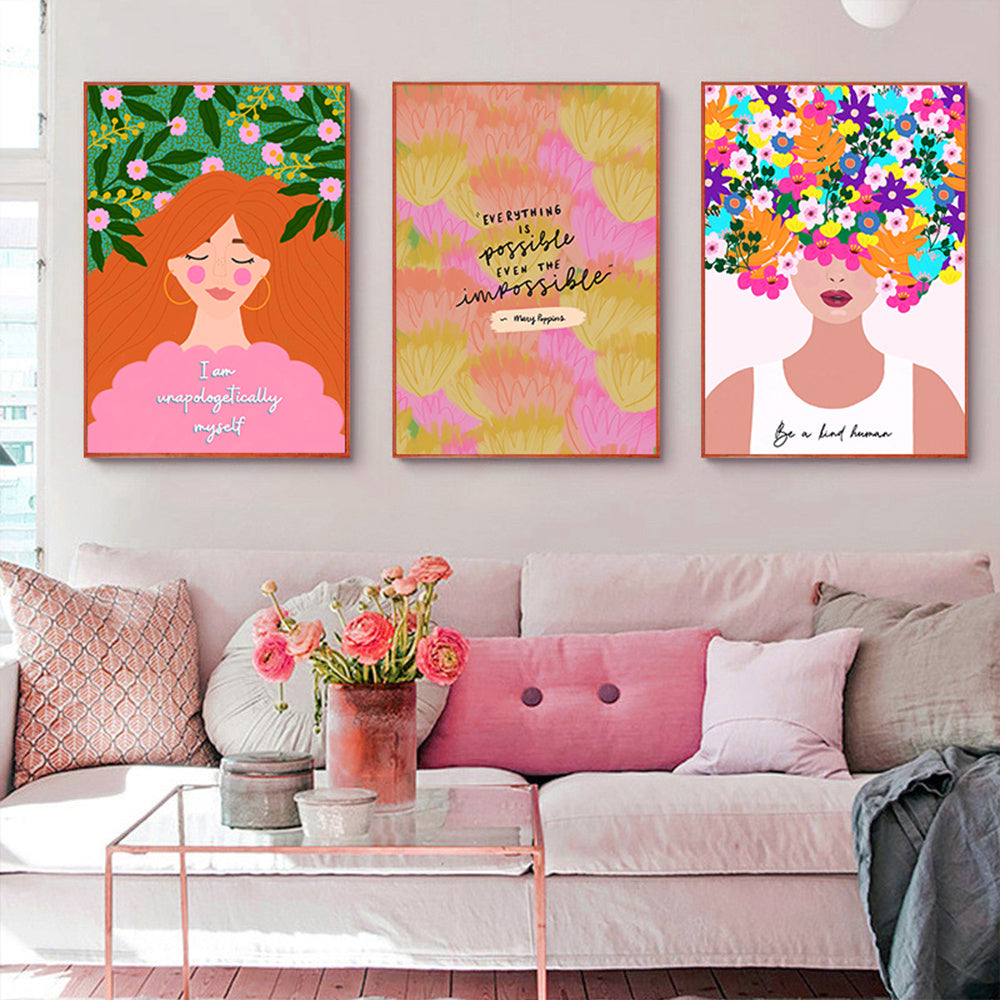 VibeCore Botanical Self-Love Canvas Prints on wall in living room