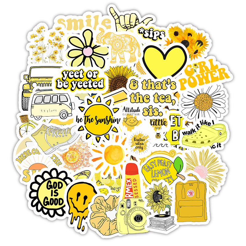 VibeCore Bright Yellow Stickers Circular Cluster with 50 vibrant, bold, and aesthetic stickers. Perfect for laptops, phones, water bottles, helmets, and accessories.