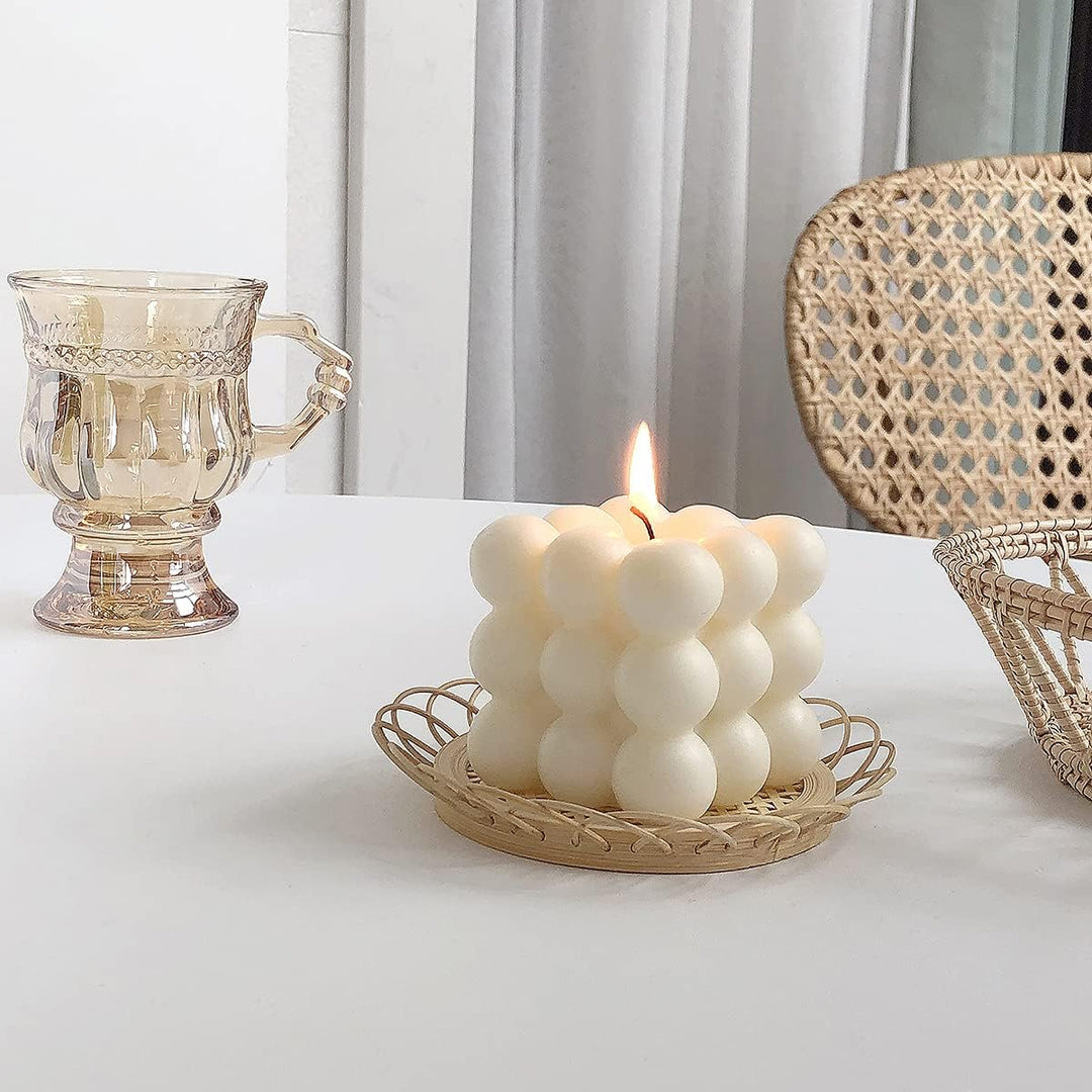 Aesthetic white bubble cube candle with a chic cube shape and playful bubble design featuring a fresh pear freesia scent perfect for Clean Girl and Vanilla Girl aesthetics home decor and cozy ambiance