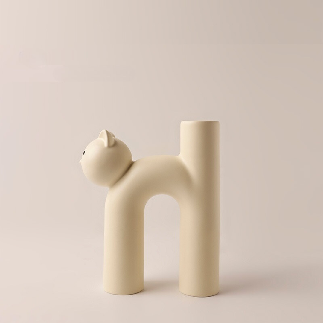 VibeCore Cat Ceramic Vase in beige, featuring a playful cat-shaped design with a sleek glazed finish, perfect for flowers or as a decorative accent.