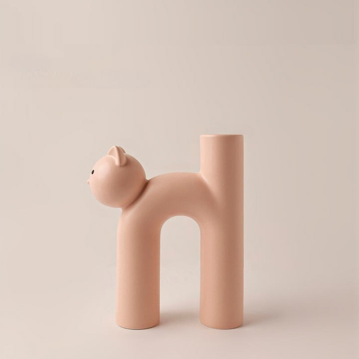VibeCore Cat Ceramic Vase in light pink, featuring a cute cat-shaped design with a glossy glazed finish, perfect for flowers or decorative display.