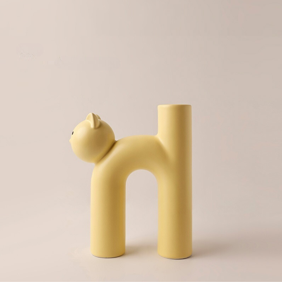 VibeCore Cat Ceramic Vase in yellow, featuring a charming cat-shaped design with a smooth glazed finish, ideal for flowers or as a decor piece.