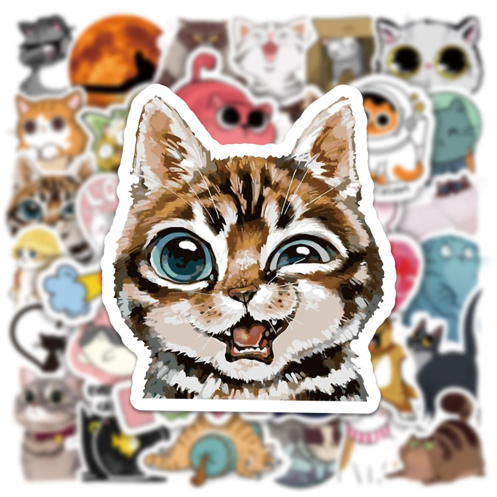 Close-up of a VibeCore Cats Sticker featuring a playful cat design with a cute expression, perfect for adding a cozy, fun touch to your accessories.