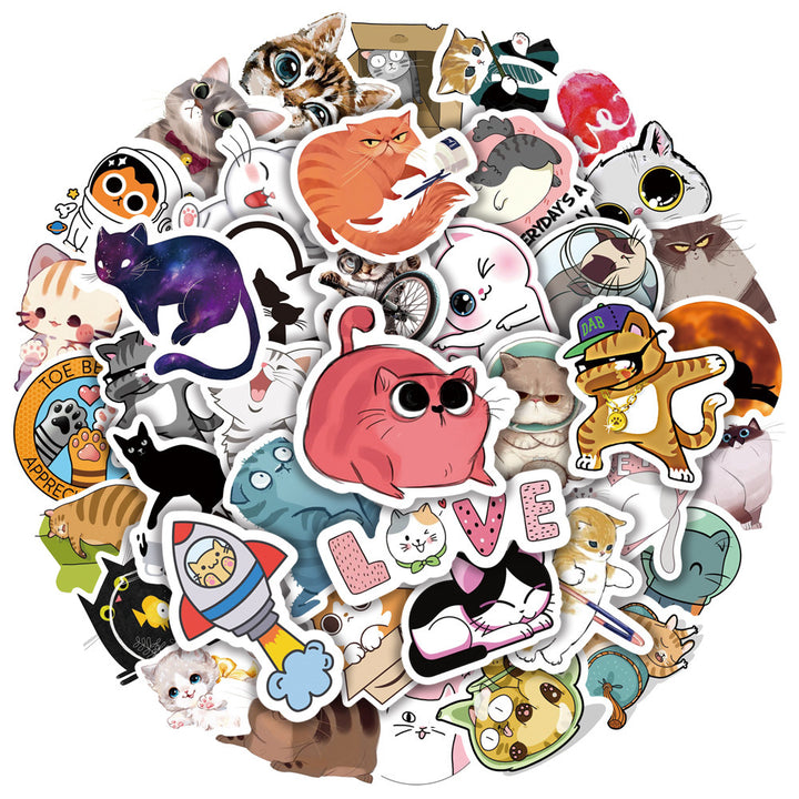 Circular cluster of VibeCore Cats Stickers featuring playful cat designs, including fluffy kittens and funny expressions, perfect for adding a cozy, purr-sonal touch to your accessories.