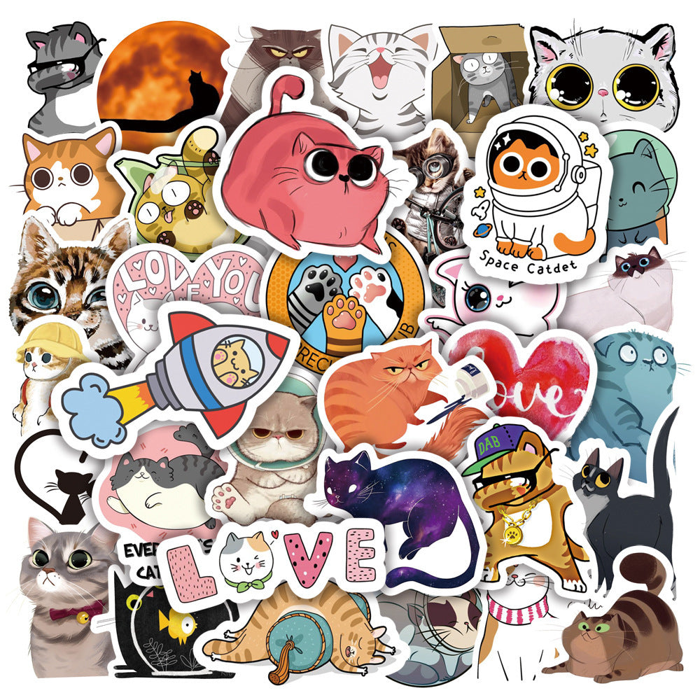 Rectangular cluster of VibeCore Cats Stickers showcasing adorable cat designs with fluffy kittens and quirky expressions, ideal for personalizing your laptop, phone, or water bottle.