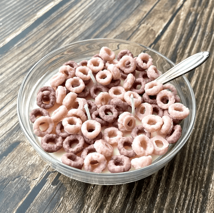 Close-up of the VibeCore Cereal Bowl Candle with wholewheat Cheerios-style wax pieces, showcasing detailed texture and lifelike cereal design.