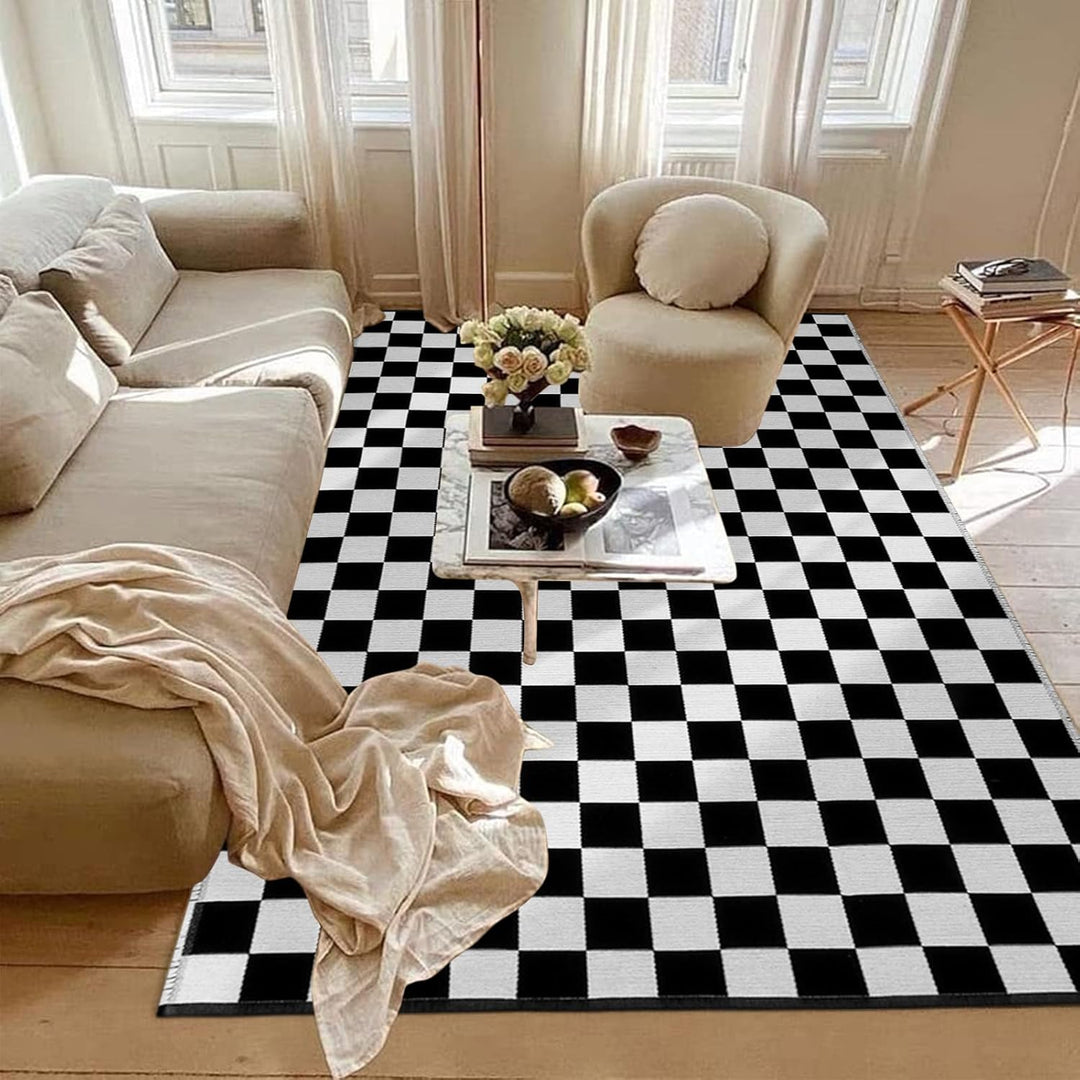 VibeCore Checkerboard Area Rug in Black, showcasing a bold, modern design with a black and white checkerboard pattern, perfect for adding a striking touch to any room.