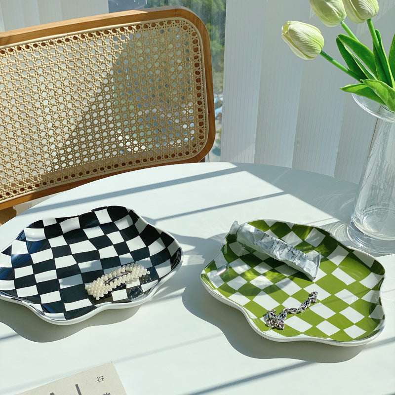Aesthetic checkerboard display tray in black and green featuring a striking hand-painted porcelain design perfect for adding modern simplicity to any table or shelf versatile for serving or display.