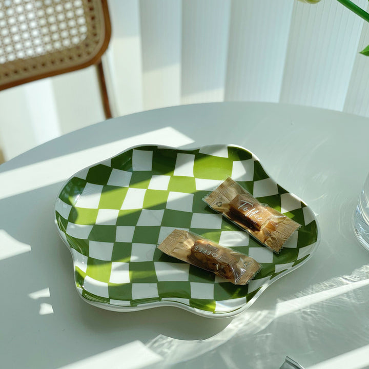 Aesthetic checkerboard display tray in green featuring a striking hand-painted porcelain design perfect for adding modern simplicity to any space versatile for serving or display.
