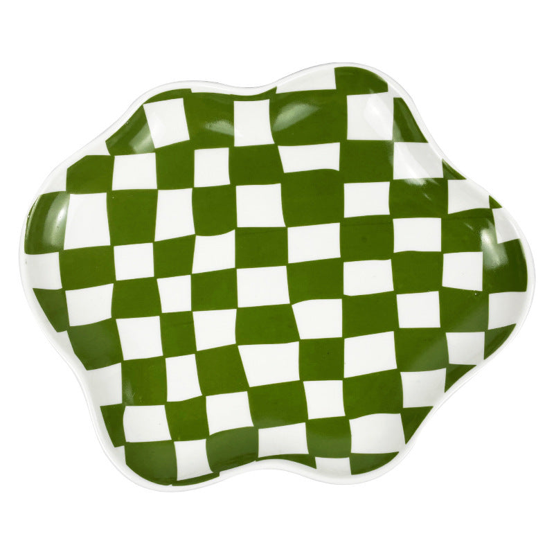 Aesthetic checkerboard display tray in green showcasing a striking hand-painted porcelain design perfect for adding modern simplicity to your space versatile for serving or display.